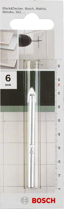Bosch Glass Drill Bit 6mm (for precise drilling in glass, tiles, and ceramics, carbide-tipped for long life and clean holes), for use with rotary drills at low speed.