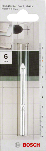 Bosch Glass Drill Bit 6mm (for precise drilling in glass, tiles, and ceramics, carbide-tipped for long life and clean holes), for use with rotary drills at low speed.